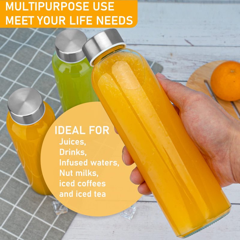 Sursip 18oz Glass Water Bottle Set of 6, Clear glass juice bottle for juicing,Reusable Drinking Bottles with Stainless Steel Lid,Beverage Storage Containers for Refrigerator-BPA Free,Leak Proof