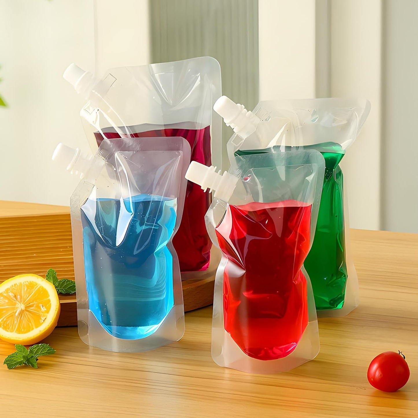 OHMAXHO Plastic Alcohol Pouches,Hidden Flasks for Liquor for Concerts,Drink Pouches for Adults Alcohol,Reusable Juice Pouches and Concealable Booze Bags for Travel (15OZ-12PCS)