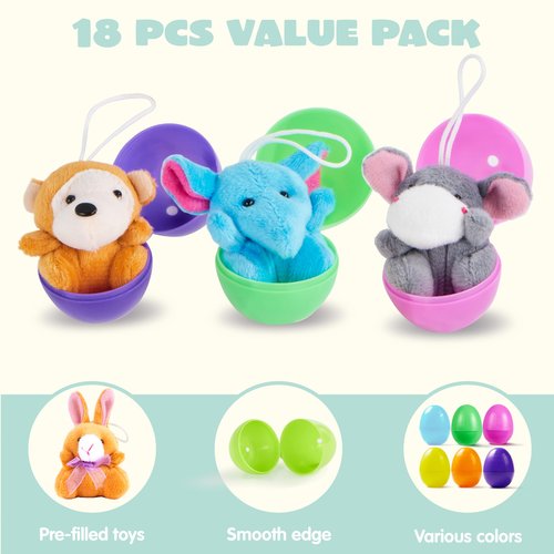 JOYIN 18 Pcs Pre-Filled Easter Eggs with Plush Animal Toys, Egg Filled Keychain for Kids Hunt Goodie Bag Fillers Basket Stuffers and Party Favor, Classroom Prize Supplies