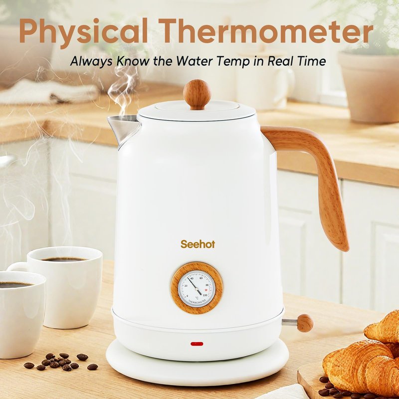Seehot® 1.7L (57.oz) Electric Kettle with Thermometer, 1200W Large Electric Tea kettle with 304 Stainless Steel,Hot water kettle Electric for Coffee&Tea-White