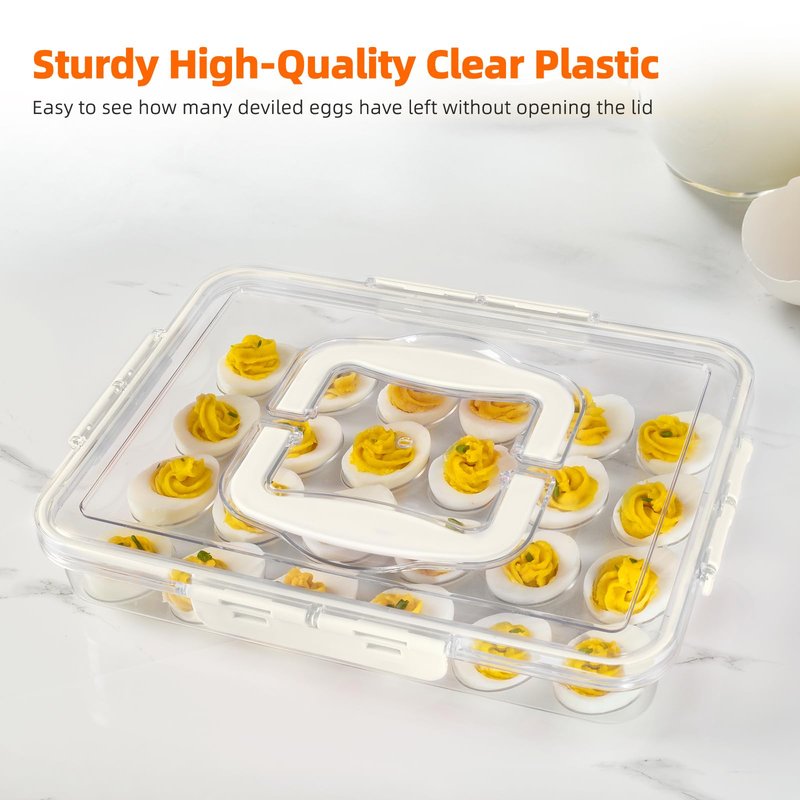 MesRosa Deviled Egg Containers with Lid and Handle, Durable Clear Plastic Deviled Egg Carrier Storage 24 Eggs, Stackable Egg Holder for Fridge, Portable Tray Platter for Party & Picnics-1 Pack White