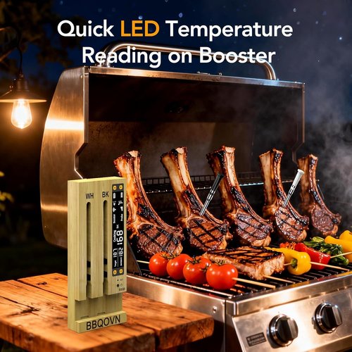 BBQOVN WiFi Sub-1G Wireless Meat Thermometer Unlimited Range 7 NIST Certified Sensors with Ambient Temp 2 Temp Monitoring Ways Digital Smart Base and App for BBQ, Smoker, Grill, Oven (Dual Probes)