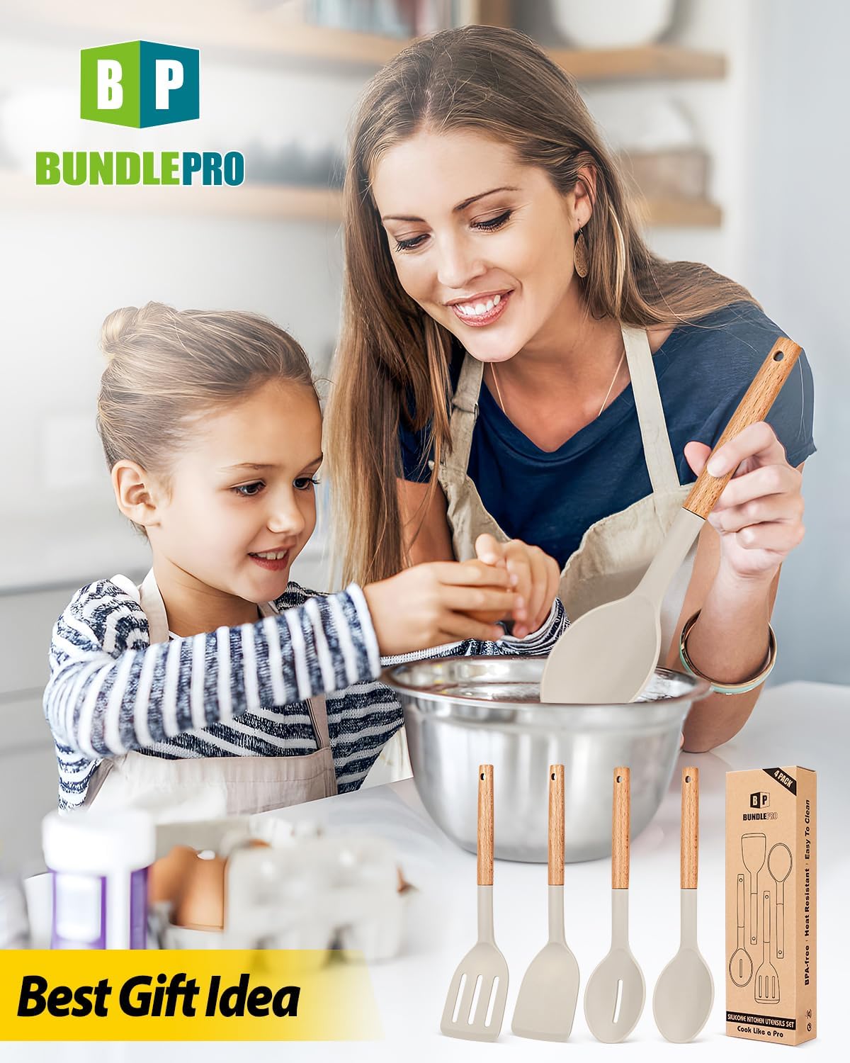 Skiennix Silicone Cooking Utensils Set - Non-Stick Spatulas & Heat-Resistant Spoons | 4-Piece Khaki Set