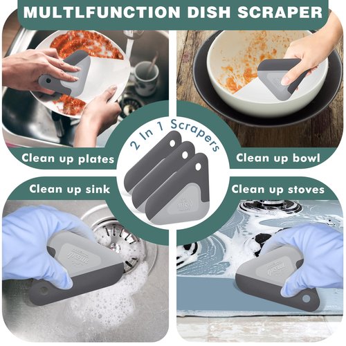 Food Scraper, 2-in-1 Pot and Pan Dish Scraper, Nylon and Silicone, Kitchen Scraper Tools for Cast Iron Skillets, Cookware, Dishes, Pans and Pots, Heat Resistant, Set of 3