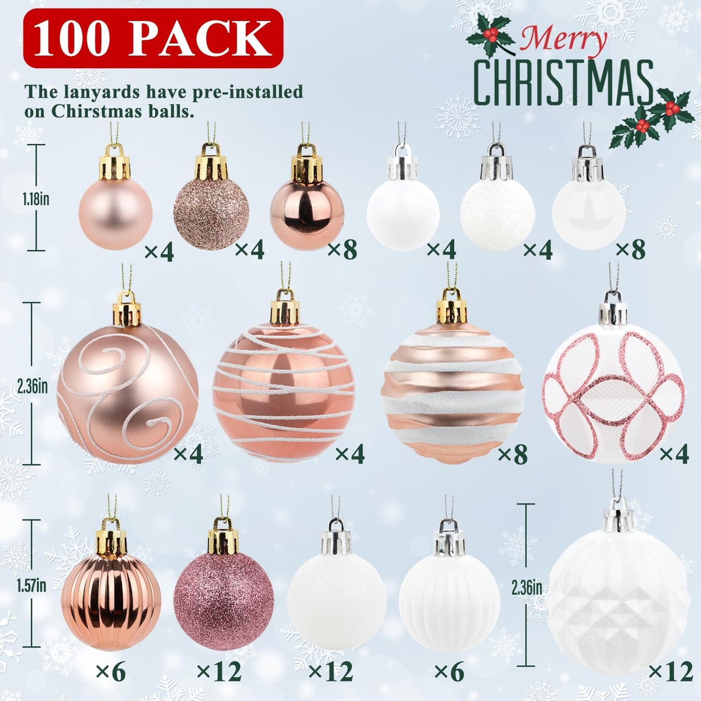 100 Pcs Christmas Ball Ornaments Set, Rose Gold and White Xmas Tree Decoration, Pink White Shatterproof Decorative Hanging Balls with Loop for Christmas Party Holiday Wreath Garland Home Décor