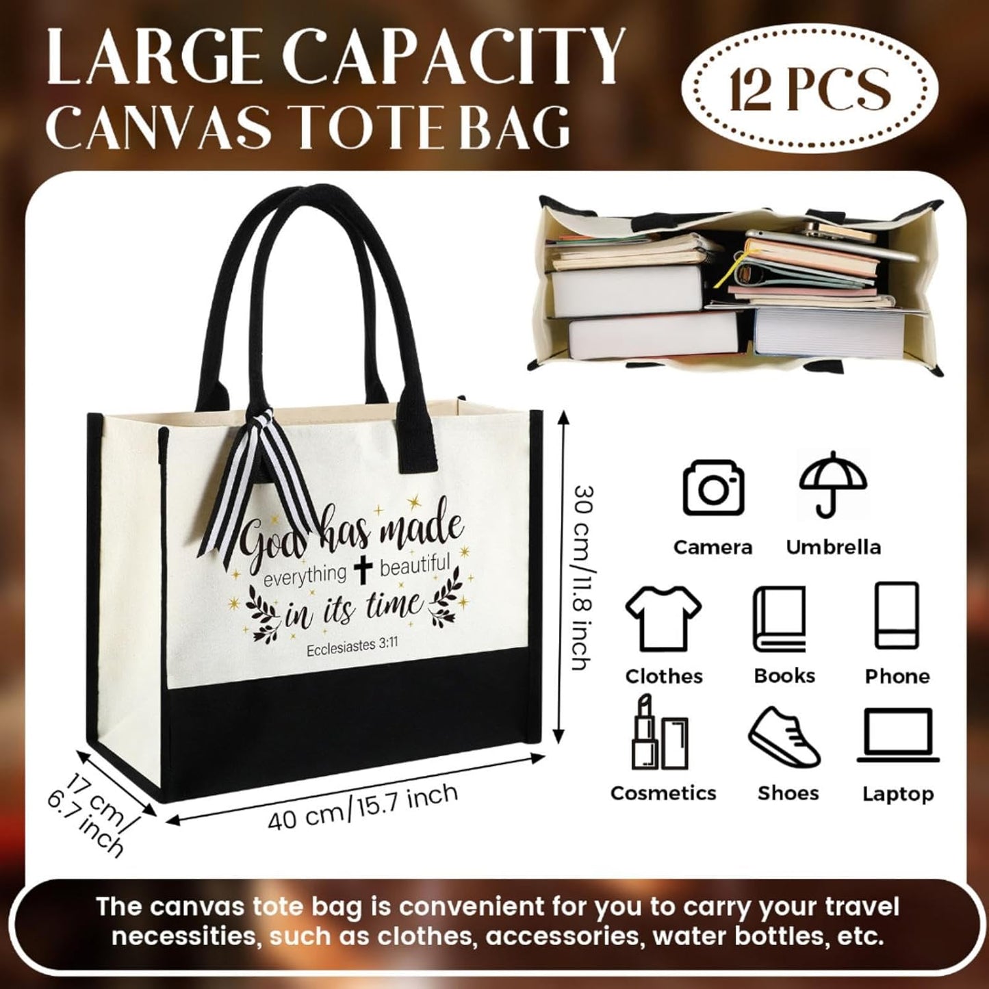 Abbylike 12 Pcs Christian Canvas Tote Bag Bulk Bible Bride Religious Beach Totes with Handle, Verse Initial Classic Grocery Bag for Women Travel