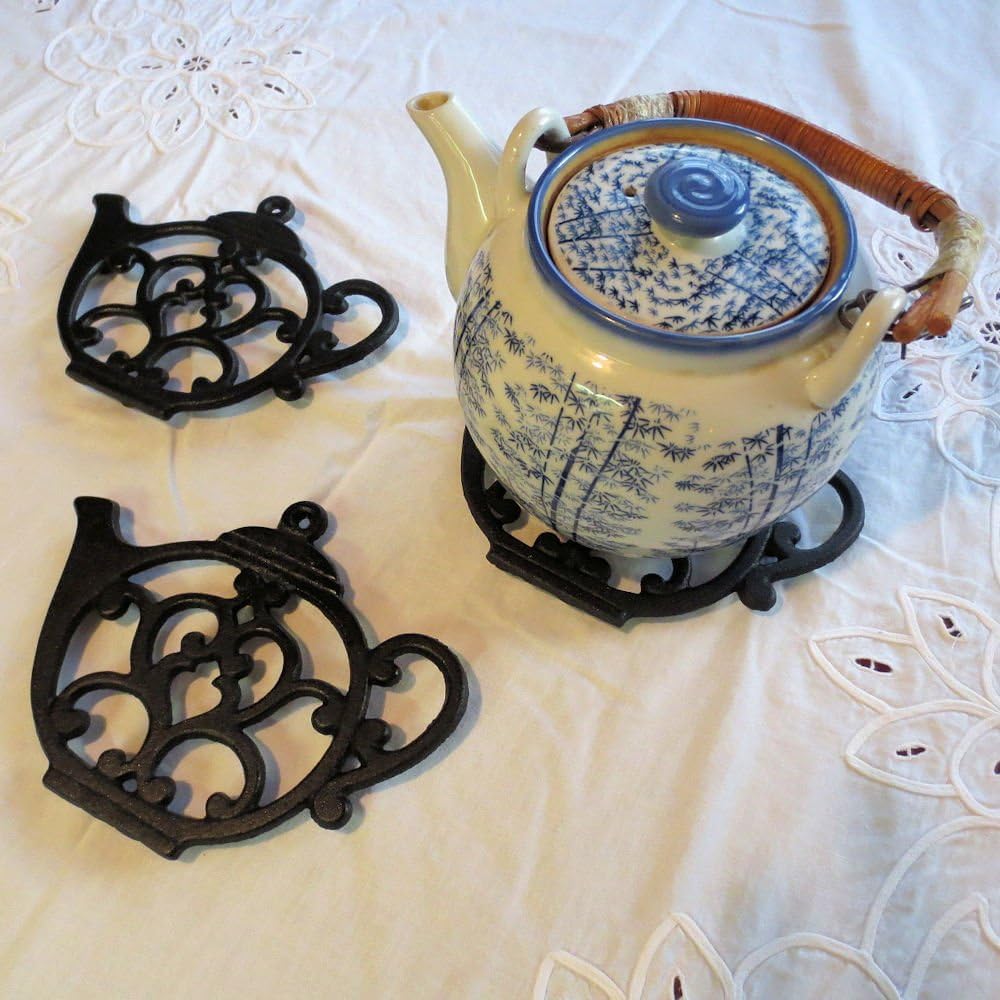 Cast Iron Teapot Trivet for Hot Pots - Black Kitchen & Dining Decor, 8x6.1 Inches