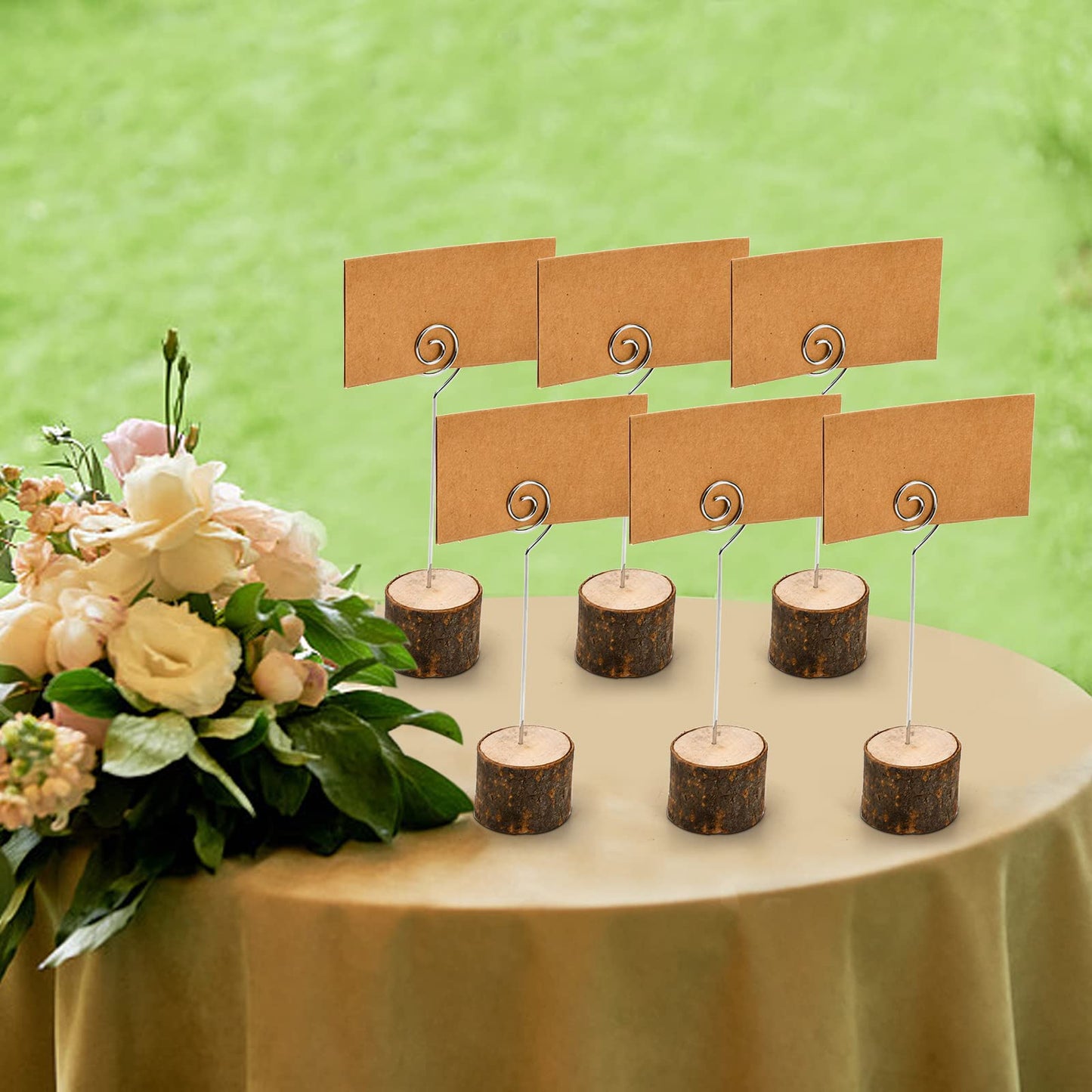 Tosnail 50 Pack Wooden Place Card Holders with 50 Kraft Paper Cards, Rustic Wood Table Number Stands Photo Holder - Spiral Wire