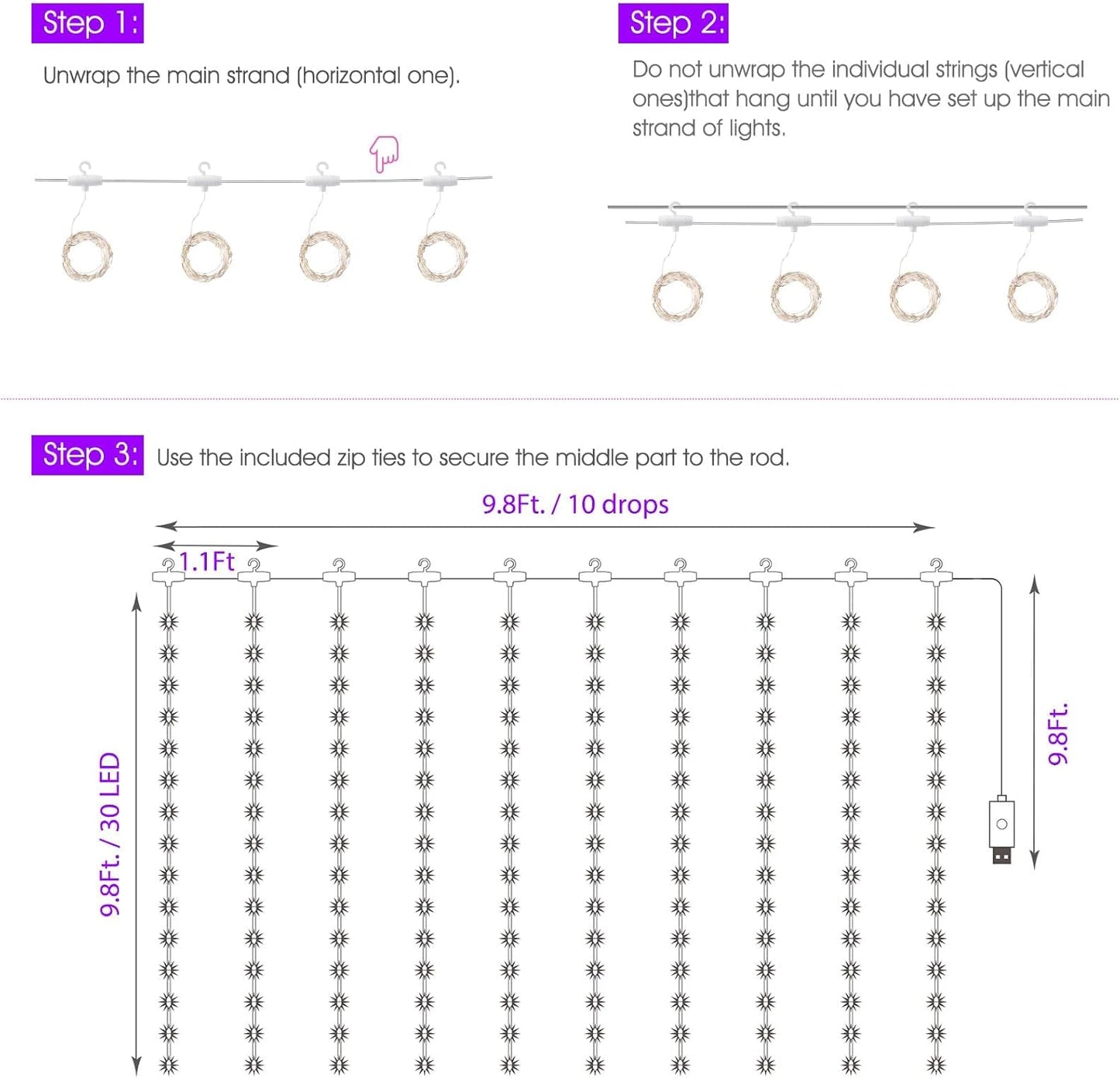 Minetom 300 LED Purple Curtain Lights - Dimmable Fairy Lights with Remote & Timer | USB Powered for Indoor Decor