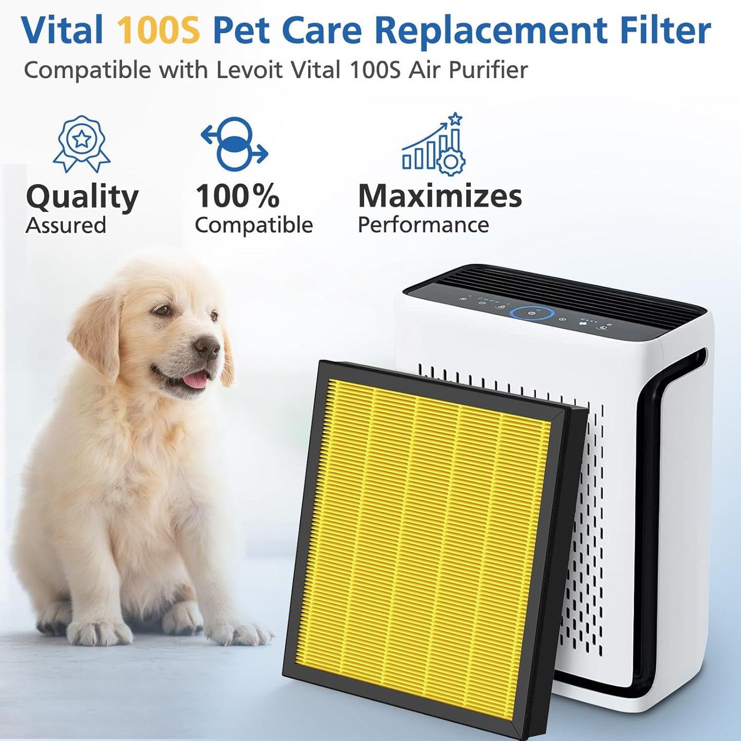 Vital 100S Pet Care Replacement Filter - 3-in-1 HEPA & Activated Carbon for LEVOIT Vital 100S | 2 Pack, Yellow