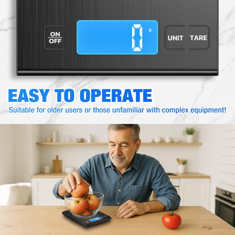 Rechargeable 304 Stainless Steel Kitchen Scale, Diyife 33lb Digital Food Scale with LCD Display, Batteries and Type-C Charging, for Meal Prep, Cooking, Baking (Black)