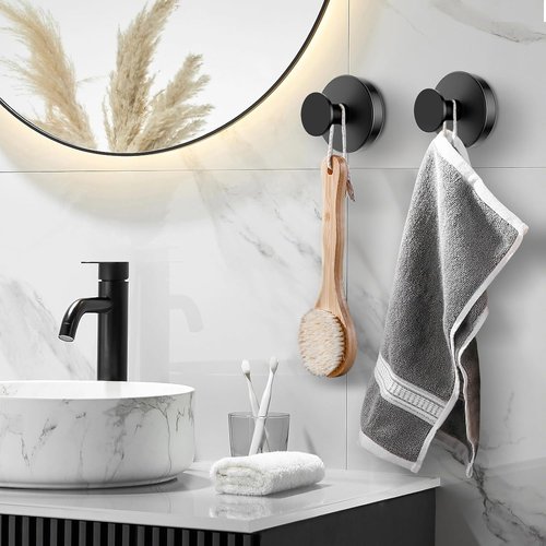 BKV Suction Cup Hooks - Removable Shower & Towel Hooks for Glass Windows | 4 Pack (Black)