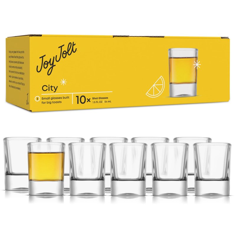 JoyJolt Glass Shot Glasses Set of 10 - City 2oz Heavy Base Square Shot Glasses, Perfect for Espresso, Tequila, Aperitif, Limoncello Liqueur