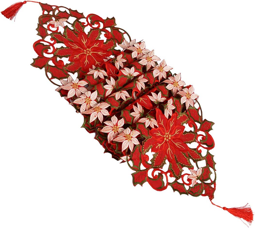 Christmas Poinsettia Table Runner - 13x36 Inch Holiday Dresser Scarf