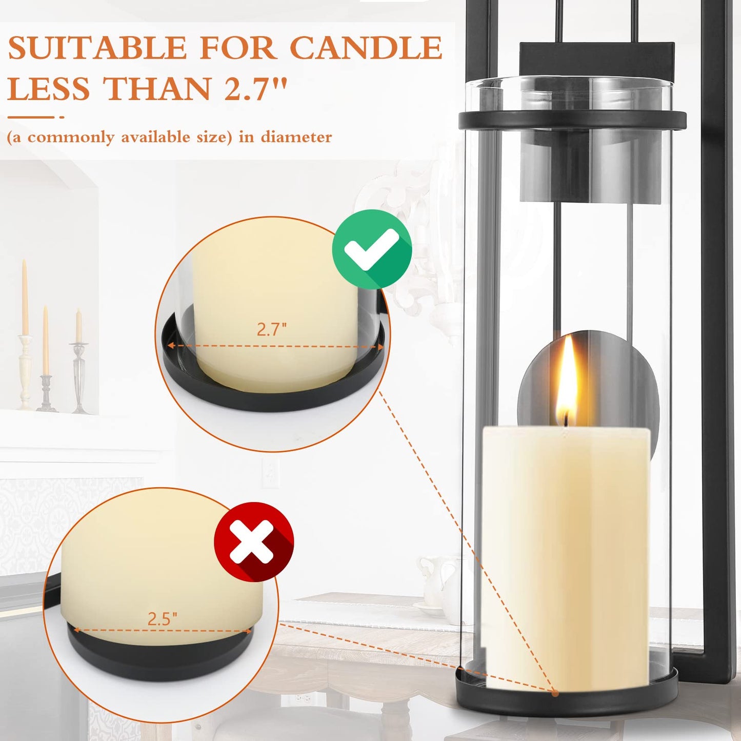 Candle Sconces Wall Decor Set of 2 Black Candle Holders Glass & Metal Candle Wall Sconces Hanging Candle Holders, Fireplace Mantel Decorations for Living Room Dining Room Kitchen Bathroom Bedroom Wall