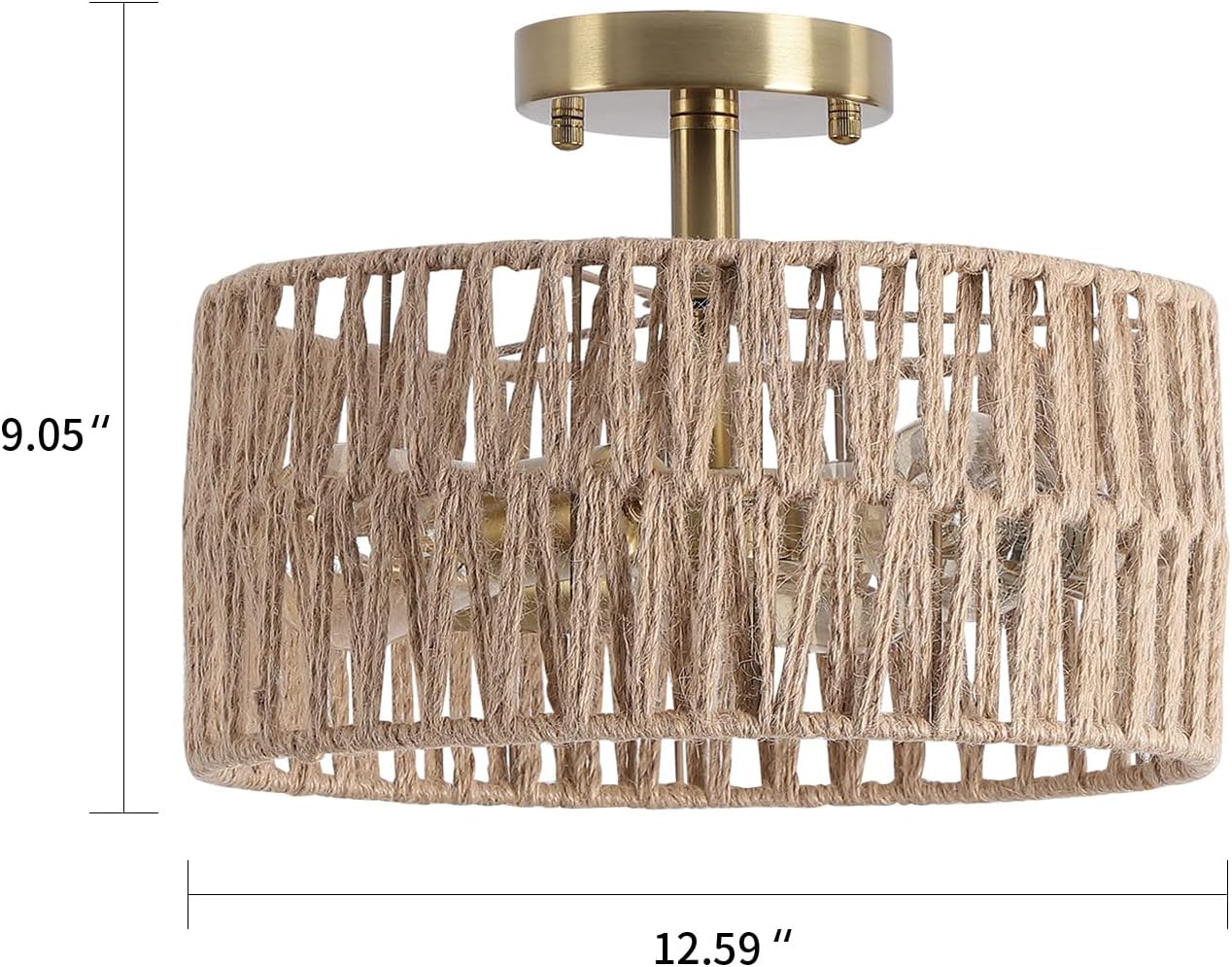 3-Light Antique Gold Woven Flush Mount Light Fixture Rustic Coastal Hemp Rope Brass Semi Flush Mount Ceiling Light for Hallway Bedroom Kitchen Entryway Farmhouse Living Room