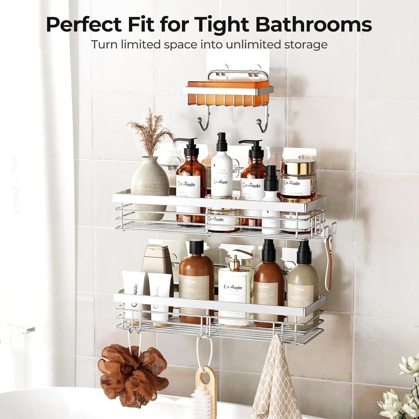 Orimade Shower Caddy - Wall-Mounted Soap Dish Holder with 5 Hooks | Stainless Steel, 3 Pack, Silver