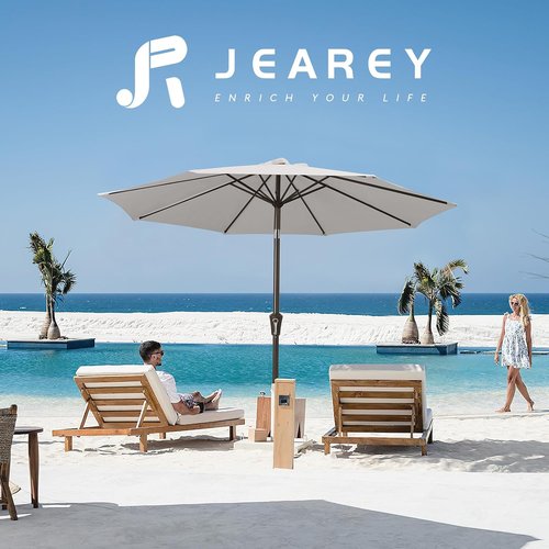 JEAREY 9FT Outdoor Patio Umbrella - Push Button Tilt & Crank | UV Protection, Waterproof, Fog Gray