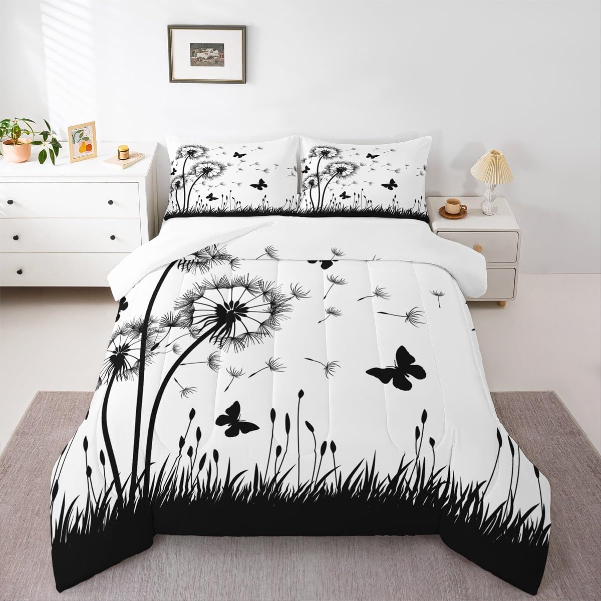 Homewish Dandelion Comforter Set Queen Size,Rustic Natural Bedding Set 3pcs for Kids Teens Girls Boys Room Decor,Butterfly Floral Animal Quilt Set Black and White Duvet Insert with 2 Pillowcases