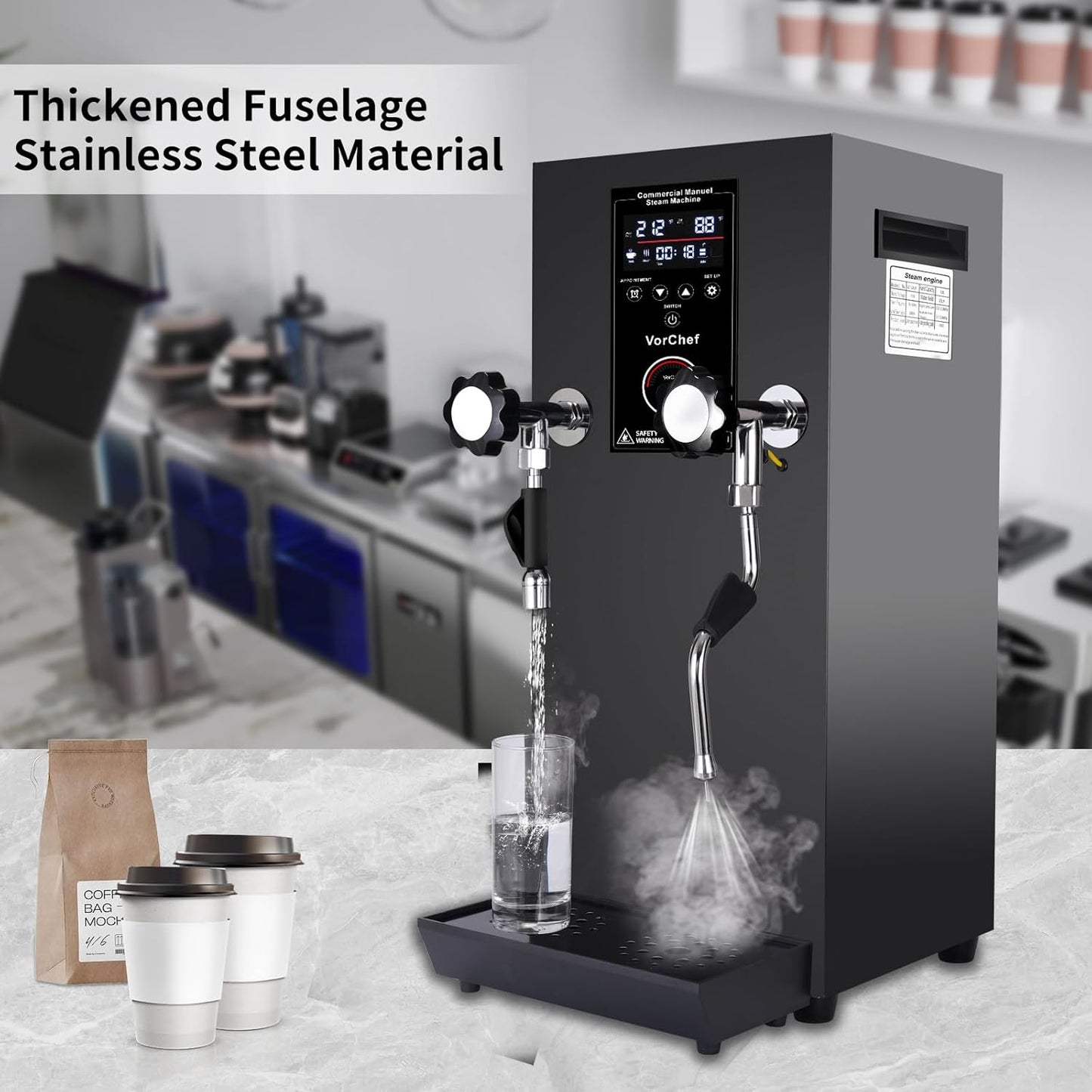 Skiennix Commercial Milk Frother - 2500W Automatic Steam Machine with LED Display for Coffee & Tea