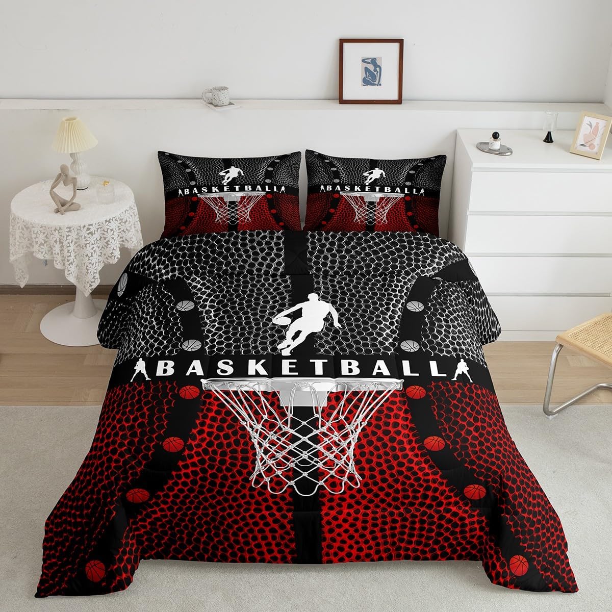 Basketball Kids Comforter Set Full Size,Geometric Basketball Court Abstract Bedding Set,Boys Girls Adults Room Decor,Ball Sports Games Down Comforter,Red Black Fashion Duvet Insert,2 Pillowcases