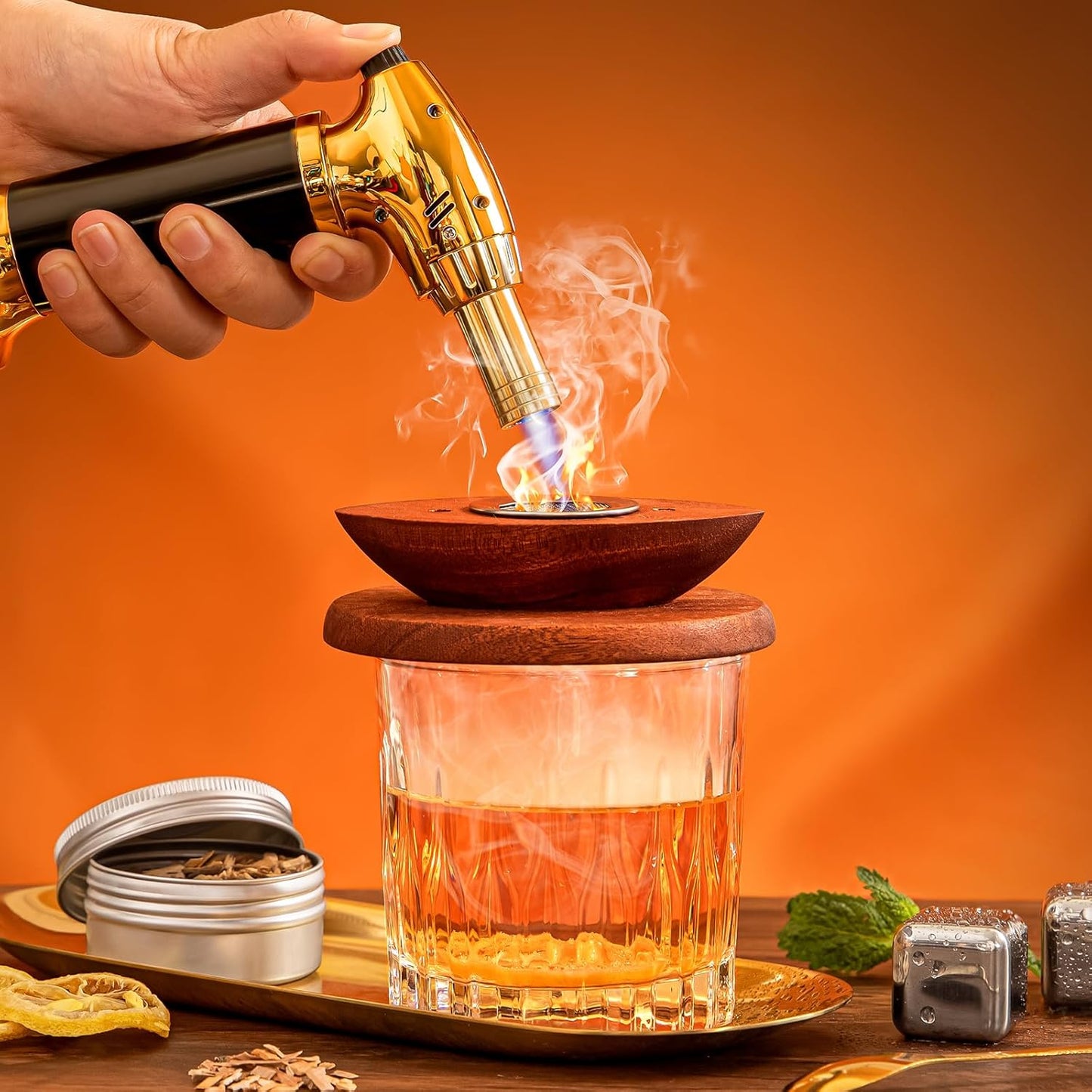 SJEhome Cocktail Smoker Kit with Torch, 6 Flavors Wood Chips, Rugby Shaped Bourbon Whiskey Smoker Infuser Kit, Old Fashioned Drink Smoker Kit, Birthday Whiskey Gifts for Men, Dad, Husband (No Butane)