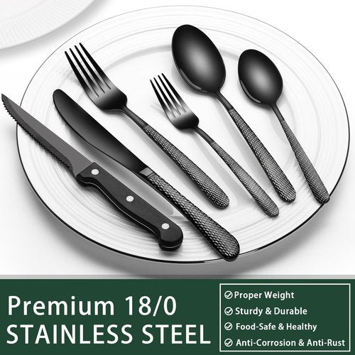 EWFEN 24-Piece Black Silverware Set with Steak Knives, Black Flatware Set for 4, Food-Grade Stainless Steel Tableware Cutlery Set, Mirror Finished Utensil Sets for Home Restaurant, Round Hammered