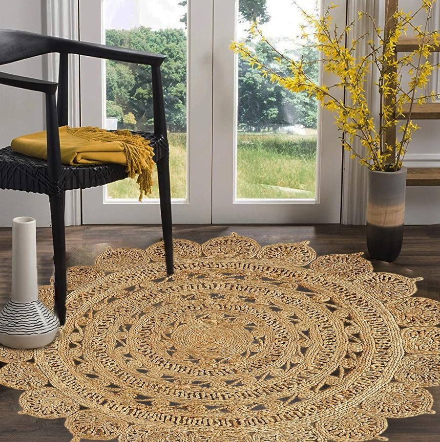 GRUHUM Handwoven Jute Area Rug 4 feet Round Natural Fiber Boho Soft Braided Rustic Vintage Beige Reversible EcoFriendly Rugs Farmhouse Indoor Kitchen Bedroom Living Room Hallways (4'Round)
