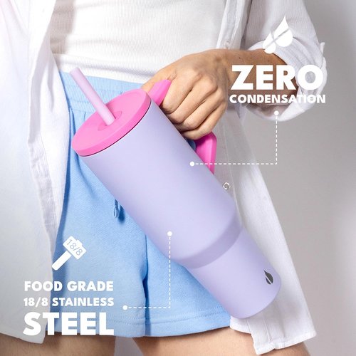 Elemental 40 oz Tumbler with Handle and Straw - Spill Proof Insulated Stainless Steel Commuter for Cold Beverages - Travel Coffee Mug with 2 Straws & Spill Proof Lid - 40oz - Lilac Tie Dye