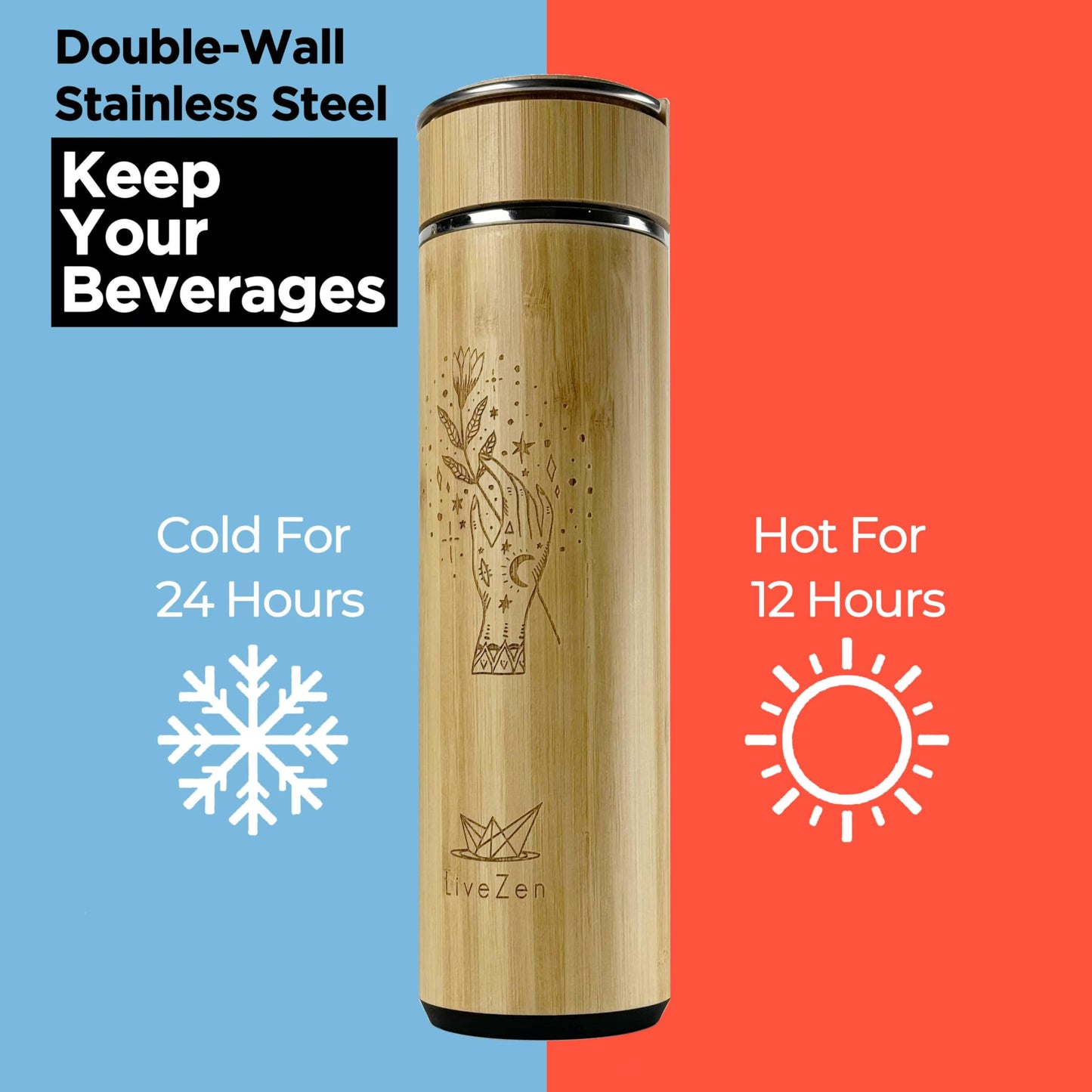 LiveZen 18oz Insulated Bamboo Tea Infuser Bottle for Loose Leaf Tea - Extra Fine Mesh Tea Steeper Basket Infuser with Chain Hook for Teapot Mug Cup