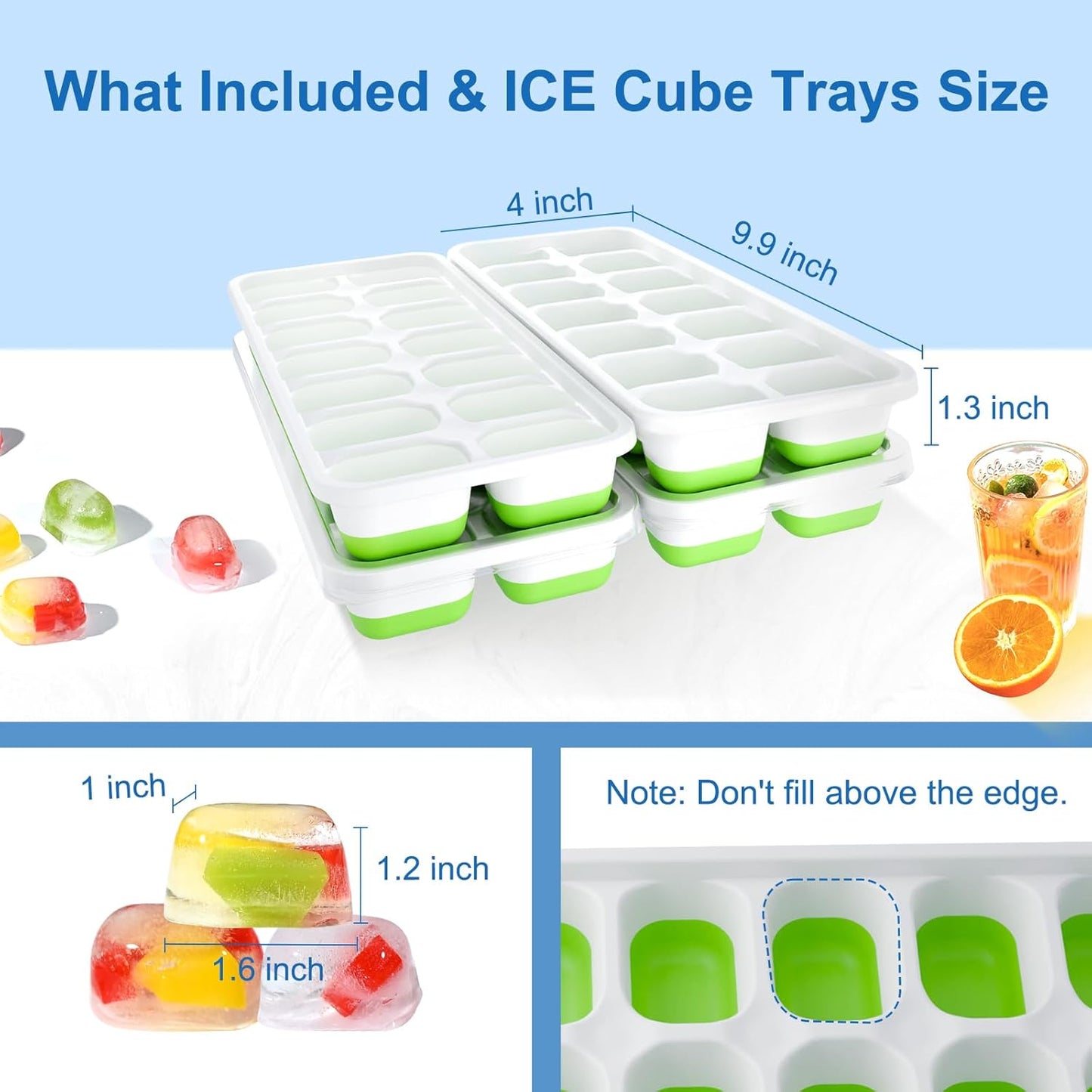Skiennix Silicone Ice Cube Tray - Easy-Release Stackable Design | BPA-Free, Odor-Free, 4-Pack (56 Cubes)