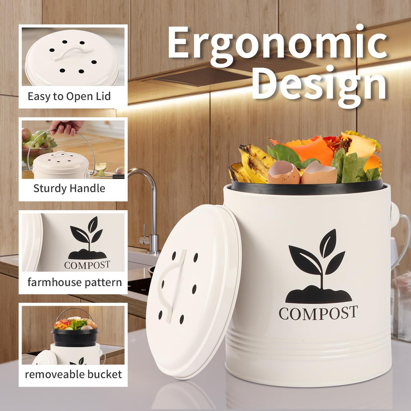 Compost Bin Kitchen Countertop, Indoor Compost Bin with Inner Bucket, 1.15 Gallon Small Compost Bin with Lid, Indoor Composter Bin Counter Compost Pail Food Waste Bin Includes 3PCs Carbon Filter Cream