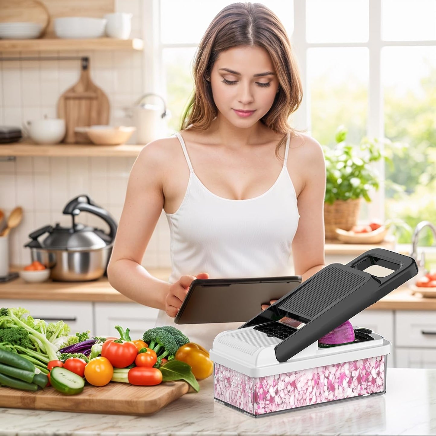 StoreHappily 12-in-1 Vegetable Chopper - 7 Blades, Multifunctional Kitchen Gadget with Container & Lid (Black/White)