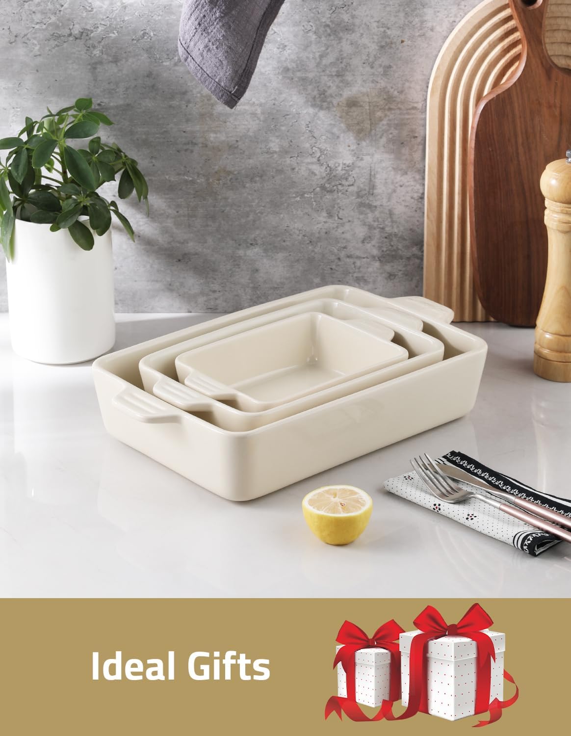 Sweejar Ceramic Bakeware Set - Rectangular Baking Dish for Lasagna & Casseroles | 11.8 x 7.8 x 2.76 Inches (Beige)