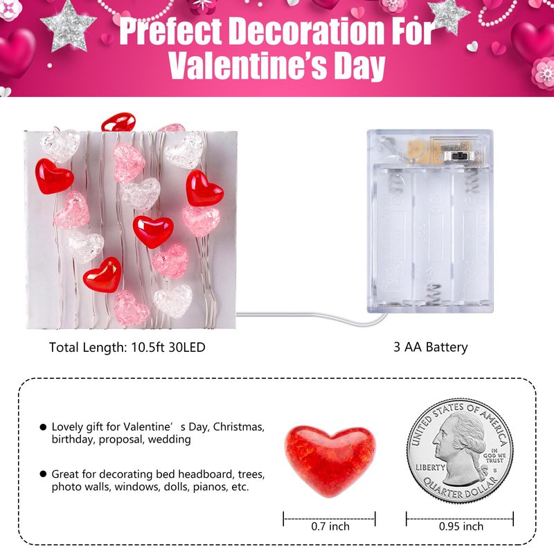 10.5ft Battery Operated Heart Fairy Lights with Remote