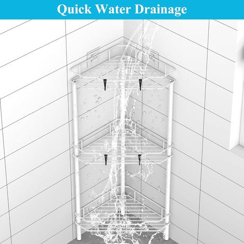 HuggieGems Corner Shower Caddy Organizer - 3 Tier Floor Stand with Hooks | White Bathroom Shelf