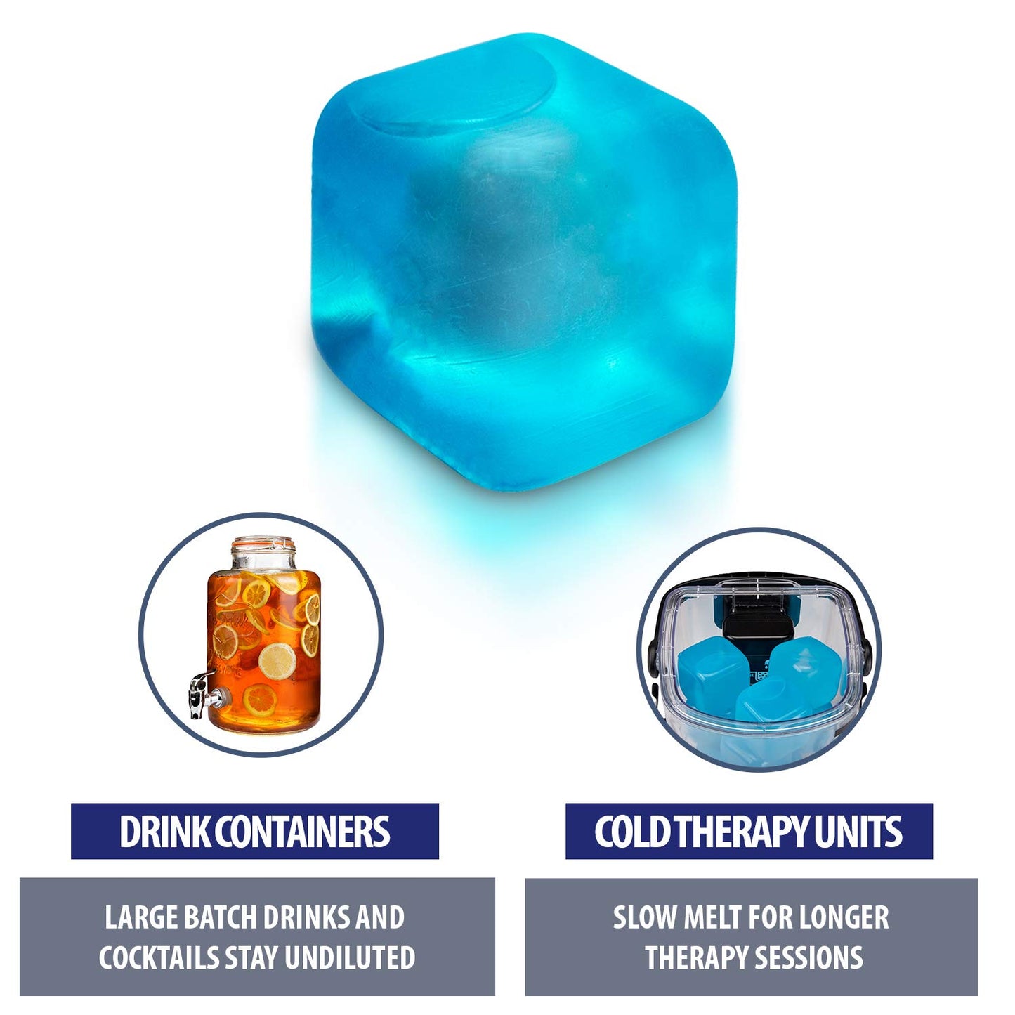 Extra Large Reusable Ice Cubes (2.6” Sq.) - BPA Free Plastic - for Cold Therapy Units, Drink Coolers, or Drink Dispensers. Stay cold Longer. 6-Pack