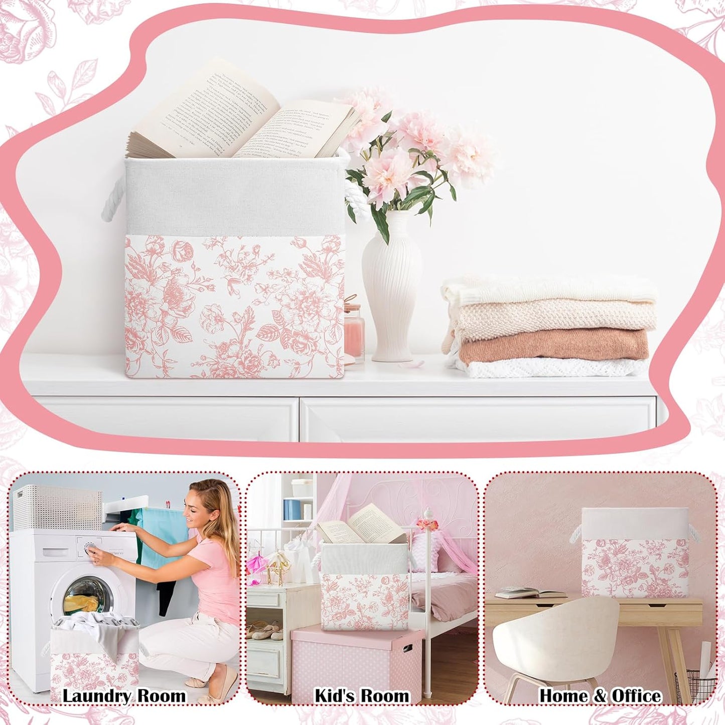 LemonRoad Pink Floral Cube Storage Bins - 6 Pcs Collapsible 11.22 Inch Organizer Baskets for Home & Office