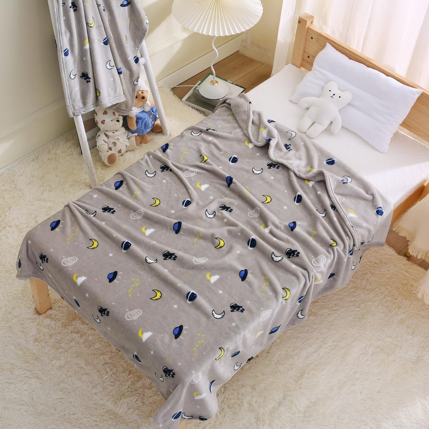 DaysU Plush Flannel Baby Blanket Super-Soft Lightweight, Printed Fleece Baby Blanket for Unisex, Oversized Bed Throws for Kids and Children, Grey Space 50”x60”