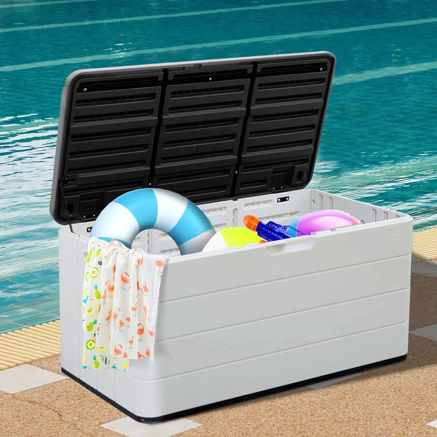 ZZM 110 Gallon Lockable Resin Deck Box - Waterproof Outdoor Storage for Cushions & Tools | White