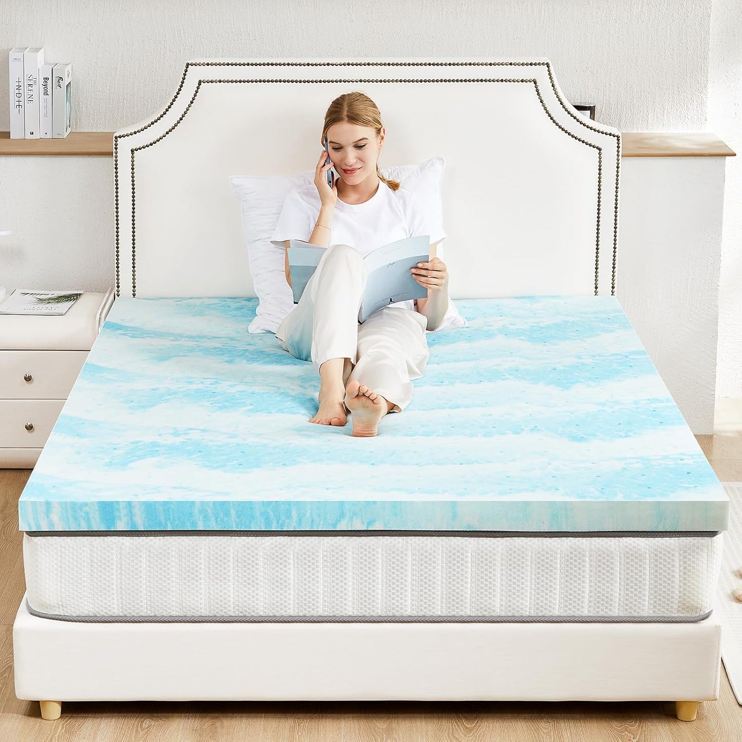 Sweetcrispy Mattress Topper - 4 Inch Thick Memory Foam Gel Infused Cooling Pad for Queen Size Bed | Breathable & Ventilated, Blue