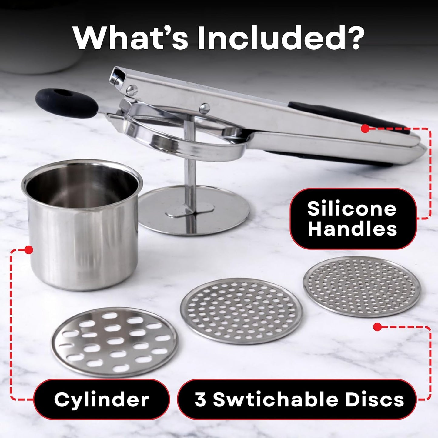 Skiennix 15oz Potato Ricer - Professional Stainless Steel Masher for Fluffy Mashed Potatoes & Gnocchi | Ergonomic Silicone Handles, Dishwasher Safe