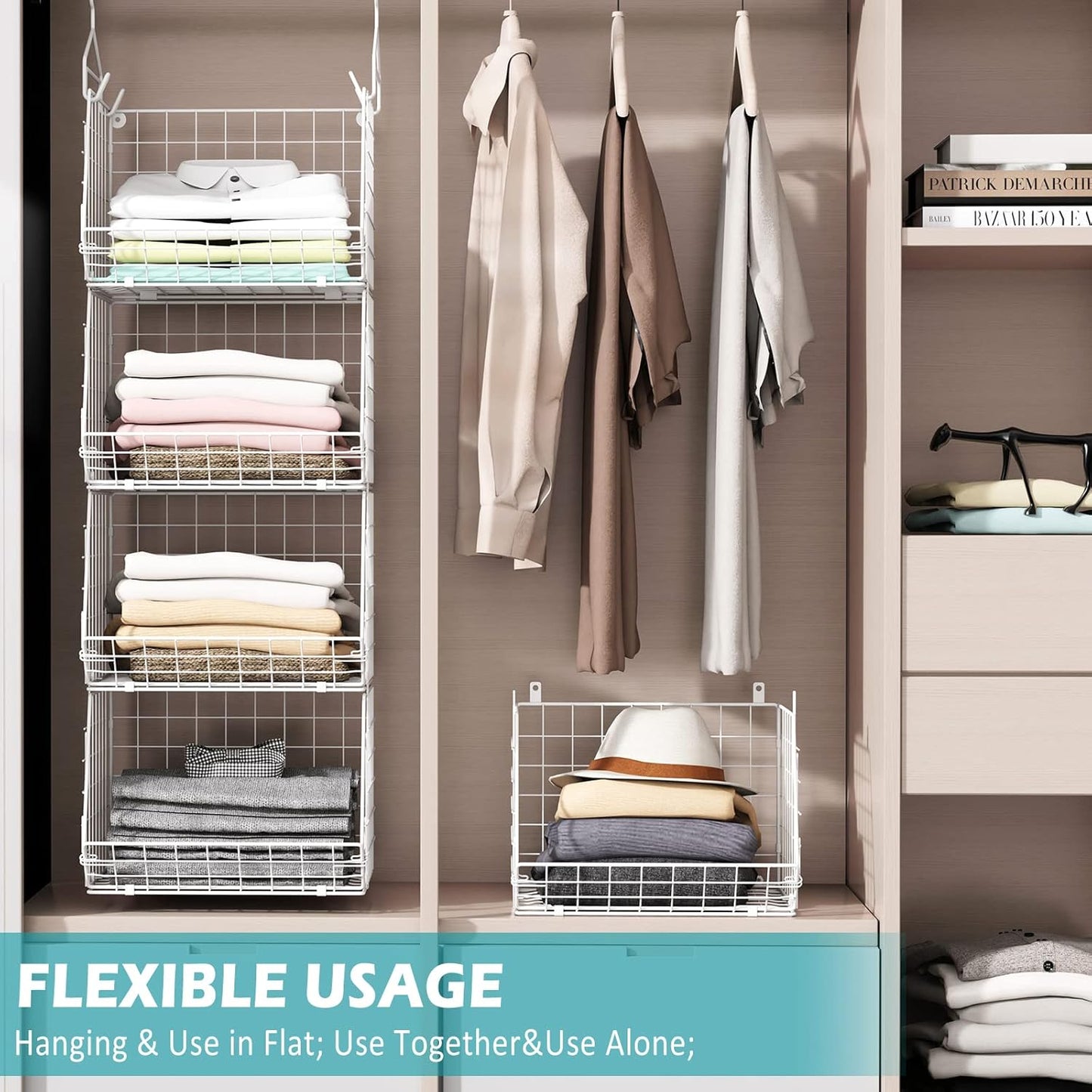 X-cosrack 4-Tier Closet Organizer - Foldable Shelving with Hooks & Storage Baskets | Patent White