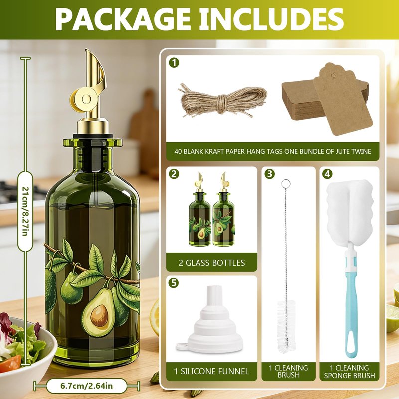 EJGIEGSO Olive Oil Dispenser Bottle for Kitchen, 12oz/350ml Extra Thick Glass Oil and Vinegar Cruet with Stainless Steel Pourer, Funnel & Cleaning Brush, Premium Oil Dispenser Set (Avocado)