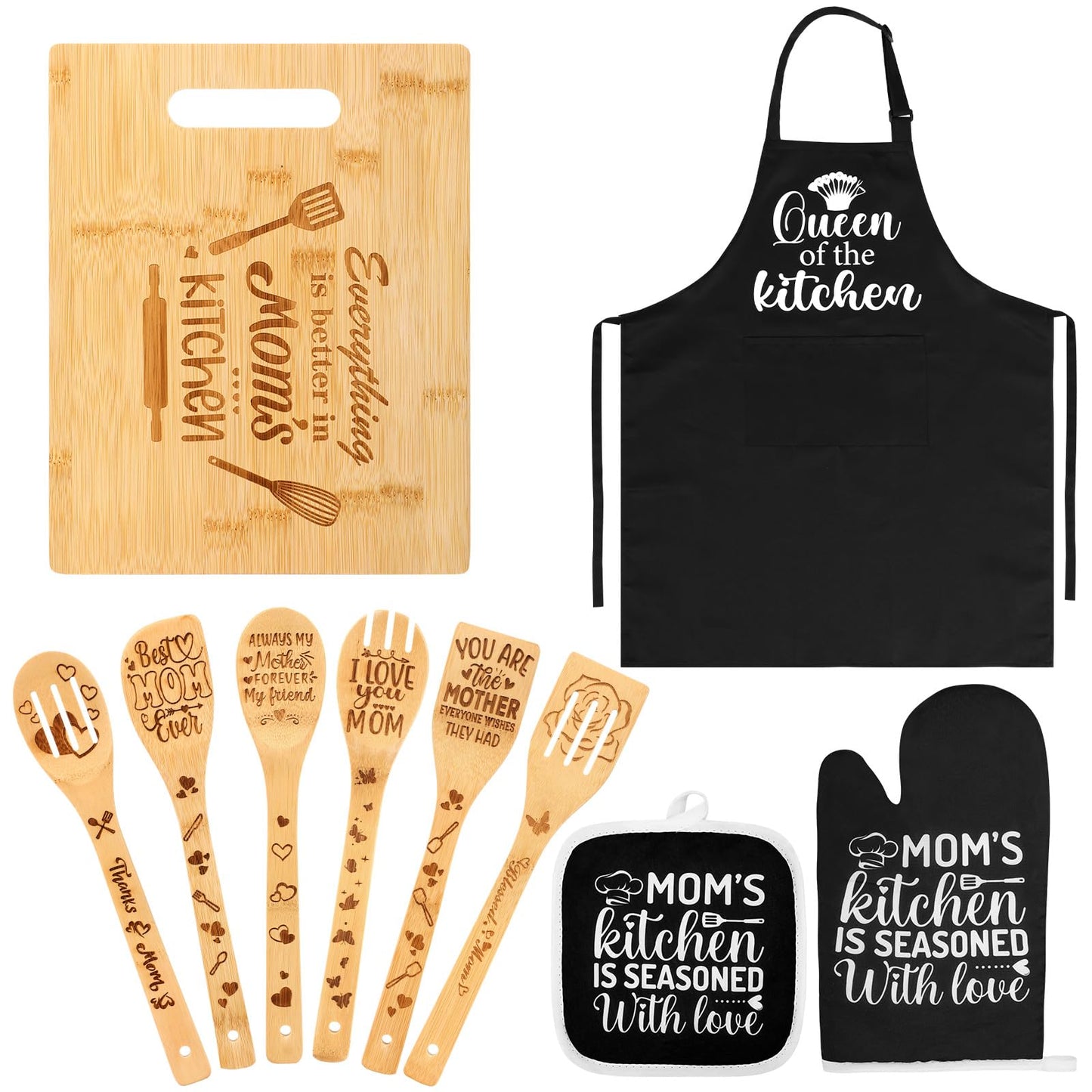 Mom Kitchen Gifts Mothers Day Gifts for Mom from Daughter, Mom Birthday Gift Ideas with Cutting Board Wooden Spoons Aprons Oven Mitts Pot Holder for Cooking