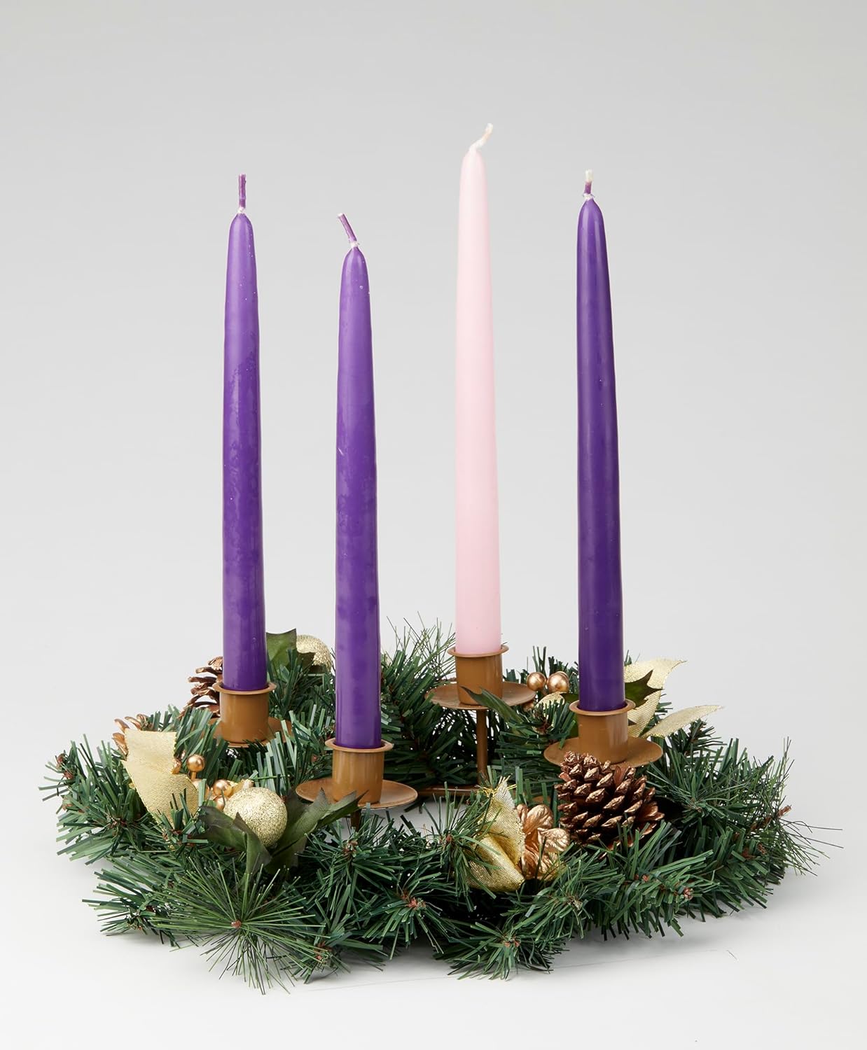 Vermont Christmas Company Traditional Advent Wreath - White Ribbons & Pine Cones - Durable Candle Holder