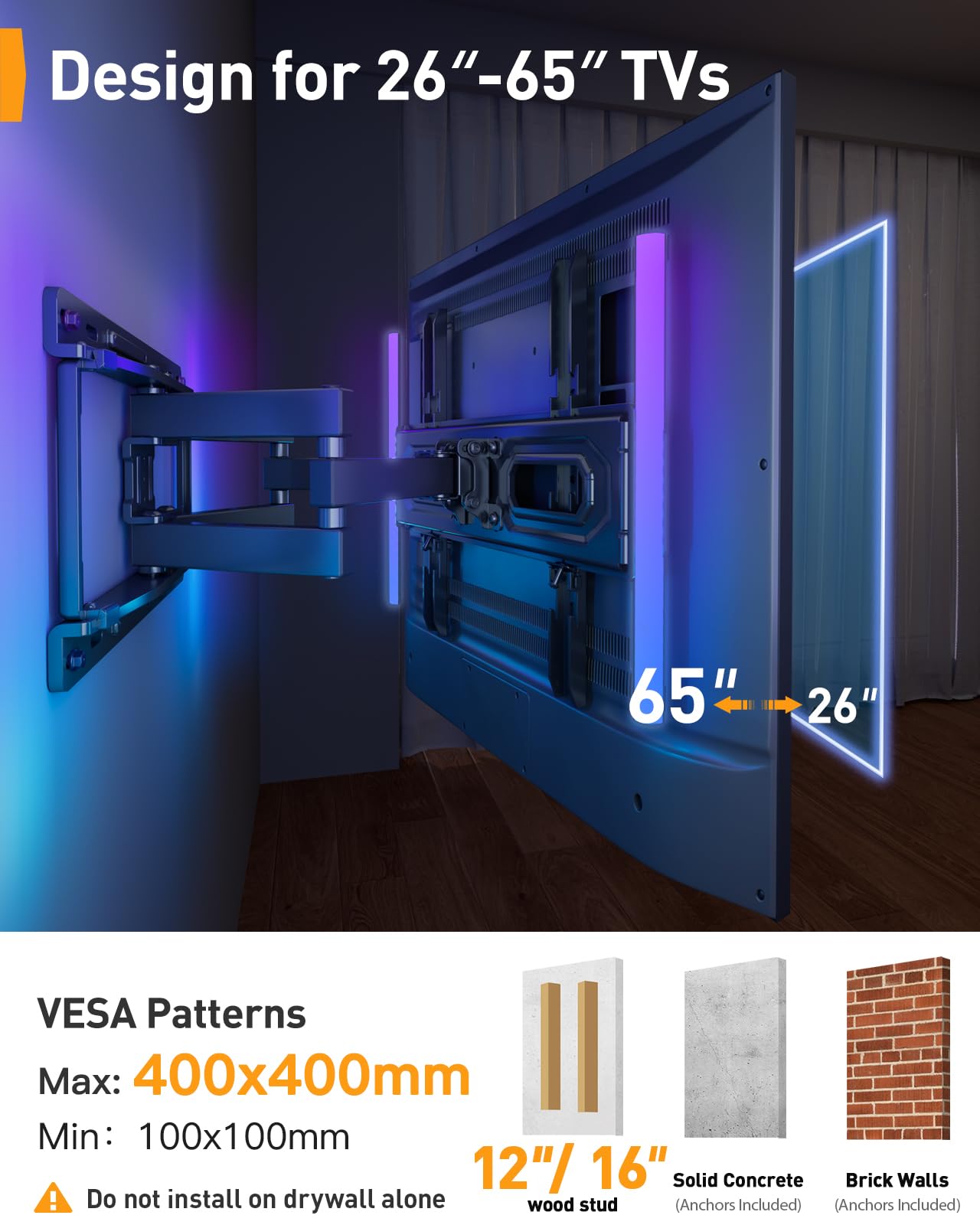 Perlegear Pre-Assembled TV Wall Mount with LED Lights for 26-65 inch TVs up to 99 lbs, Max VESA 400x400mm, Swivel, Extension, Tilt, TV Backlights with Music Sync, Fits 16”/12” Wood Studs, PGMF20