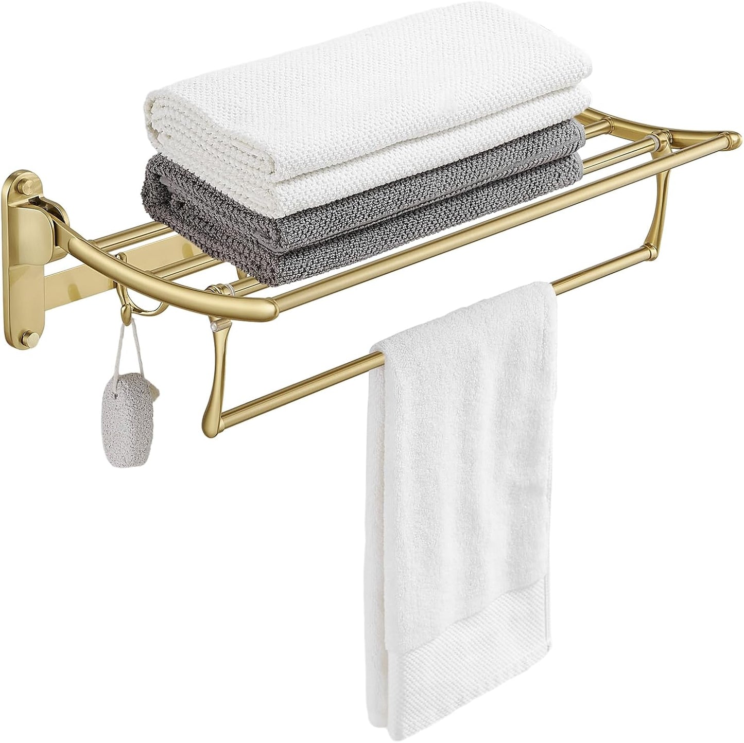 BESy 24 Inch Brushed Nickel Towel Racks, Bathroom Towel Shelf with Foldable Towel Bar Holder and Towel Hooks, Wall Mounted Multifunctional Bathroom Accessories, Double Towel Bars