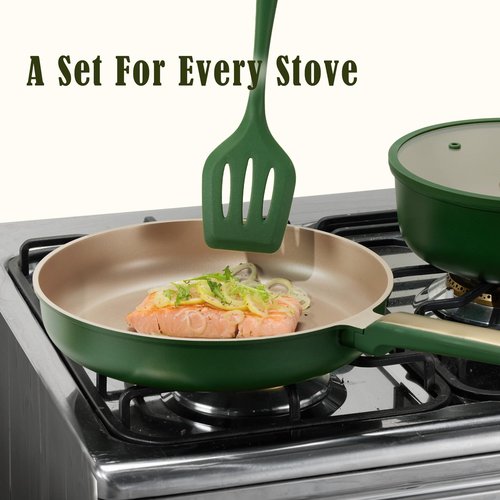 CAROTE 9.5'' and 11'' Nonstick Frying Pans Skillet, NonStick Fry Pan Egg Pan Omelet Pans,Healthy & PFOA Free, Induction-Compatible, Dishwasher Safe & Includes Silicone Spatula,Green