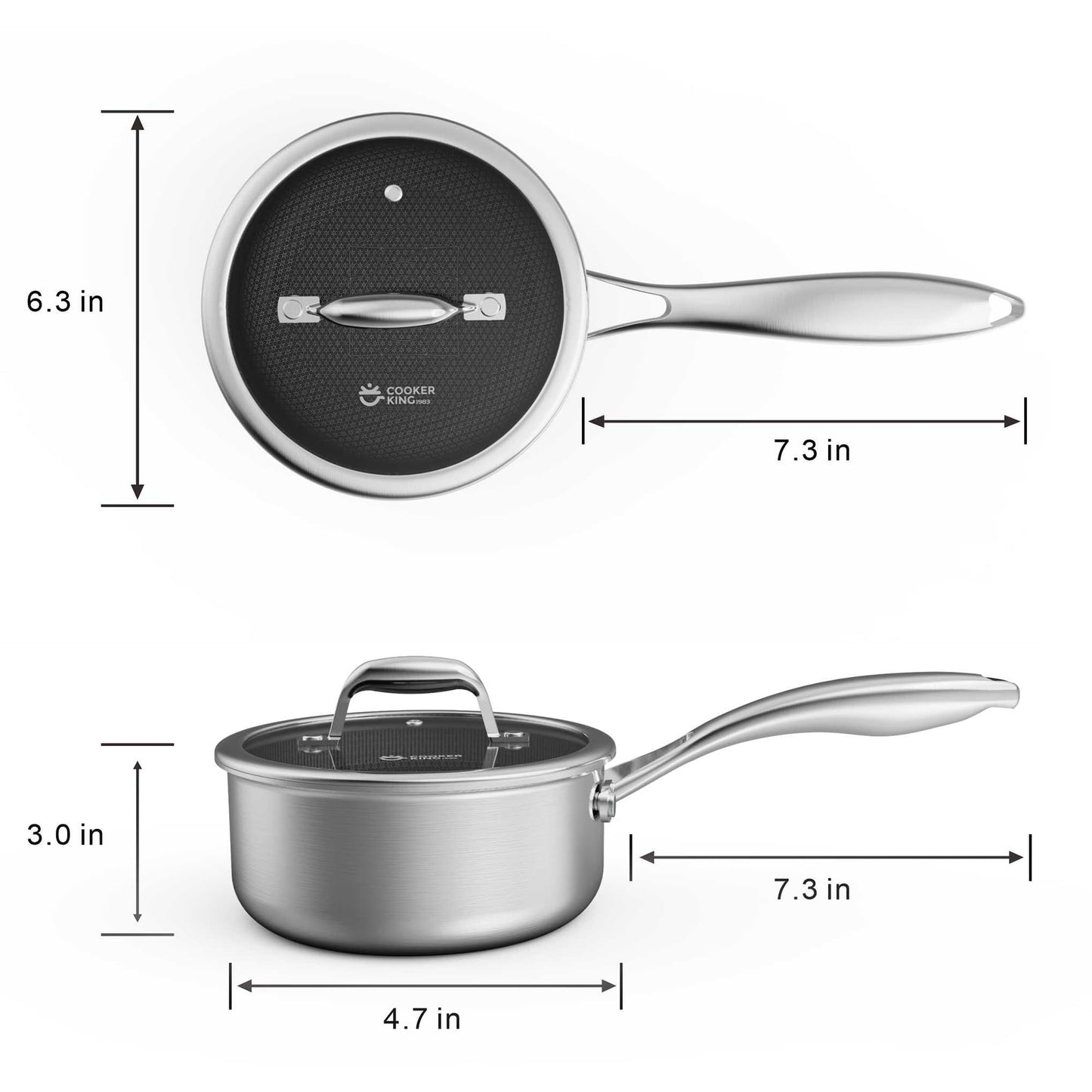 COOKER KING 1.5 Quart Stainless Steel Saucepan, Nonstick Sauce Pan, Ceramic Suce Pot with Tempered Glass Lid, Induction Pot Compatible with All Cooktops, Dishwasher & Oven Safe(PFAS/PFOA/PTFE Free)